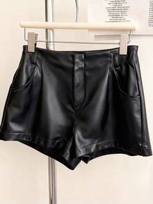 Airaco Shorts de mujer de piel sintética de PU versátiles y elegantes para uso diario y fiestas - Negro - Ver 3