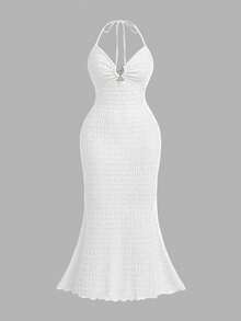 SHEIN MOD Đầm dạ hội cỡ lớn gợi cảm cổ chữ V dáng đuôi cá, trang trí sao biển kim loại, dây buộc cổ sau lưng hở, chất liệu vải có họa tiết, kiểu dáng thanh lịch, thích hợp cho kỳ nghỉ nữ, lễ tốt nghiệp, dự tiệc cưới. - trắng - Xem 4