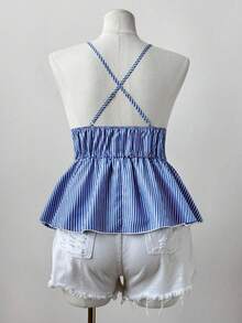 SHEIN CURVE+ 大码女式吊带荷叶边条纹背心，夏季 - 藍色 - 查看 2