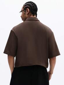 SUMWON Men's Cropped Short Sleeve Button Down Shirt With Tie Detail Regular Fit Collared Top Casual Business Wear - Coffee Brown - View 2