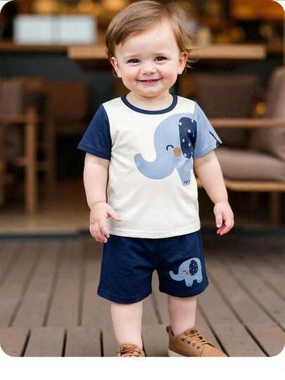 男婴可爱休闲卡通印花短袖T恤和松紧腰短裤套装，夏季