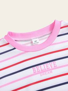 Casuvi Kids 2pcs Tween Girls T-Shirt Set,Blue And White Stripe,Pink Letter Print Round Neck Short Sleeve Tee&White Shorts,Summer,Casual,School,Back-To-School Wear - Pink - View 11