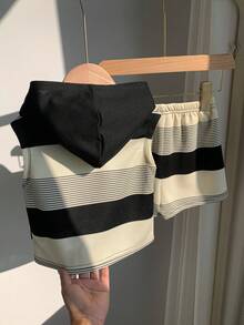 SHEIN 2pcs/Set Baby Boy Summer Casual Cute Versatile Knit Black & White Striped Letter Print Hooded Top And Elastic Waist Shorts Set - Multicolor - View 2