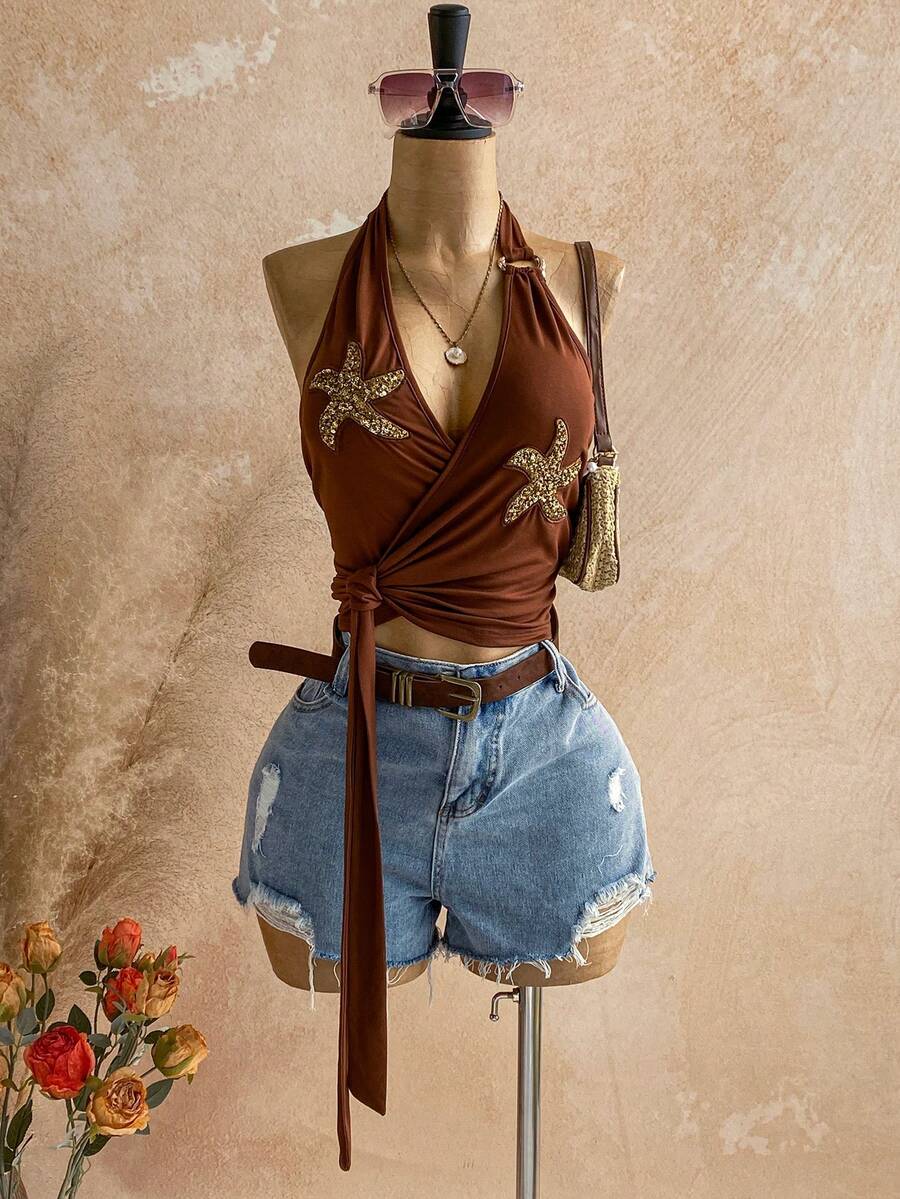 Soleia Áo kiểu lấp lánh cho kỳ nghỉ xuân của phái nữ, thiết kế hình sao biển thắt nút, xếp ly, thời trang, đa năng, thích hợp cho hẹn hò và đi chơi. - Màu nâu  Mocha - Xem 1