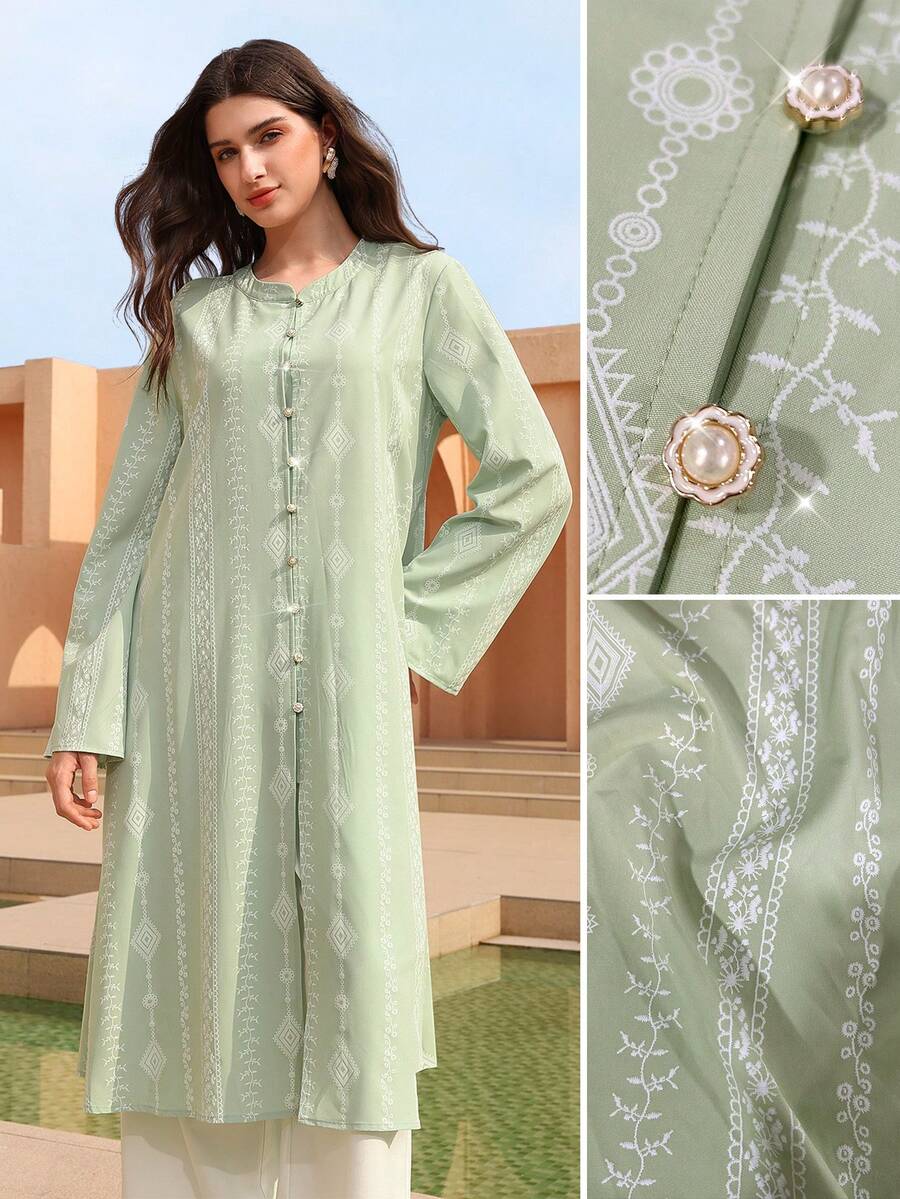 Graceveil 清新绿色花卉印花长袖宽松优雅女式衬衫