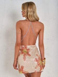 SHEIN Glamour One Shoulder Rhinestone Chain Detail Split Hem Sequin Dress Mini Short Women Outfit - Apricot - View 1