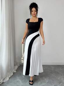 SHEIN Elenzya Elegant Romantic Vacation & Office Wear Square Collar Black & White Contrast Pleated Dress - Black and White - View 3