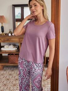 SHEIN 印花短袖长裤女士睡衣套装 - 彩色 - 查看 1