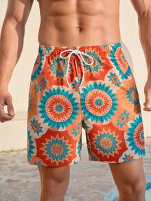 CoralVoy Men's Fashionable Casual Printed Drawstring Beach Shorts Men Vacation Beachwear Swimwear For Men Men's Swim Trunk Geometric - Multicolor - View 2