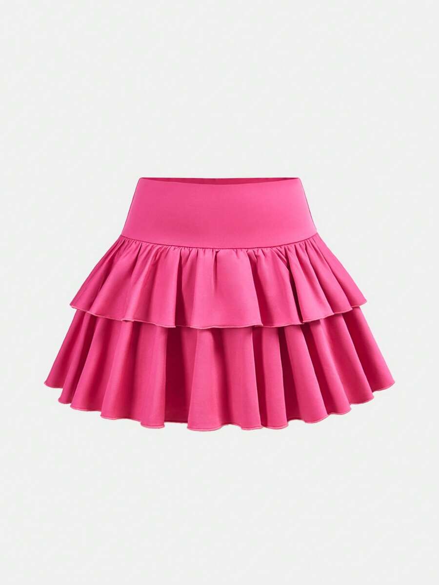 SHEIN Girlism 少女休闲、运动、校园、返校季,玫红色一体式打底裤双荷叶边伞裙,春夏装 - 玫紅色 - 查看 1