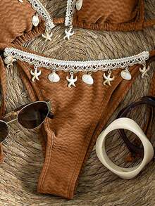 Swim Vcay Women's Vacation Patchwork Woven Strap Seashell Decor Textured Fabric Tie-Up Bikini Set - Brown - View 4