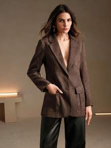 Anewsta Faux Suede Multi-Pocket Long Sleeve Elegant Blazer Jacket - Brown - View 3