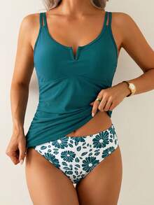 Swim Lushoire Women's Elegant V-Neck Bikini Two Pieces Swimwear, European And American Style, Suitable For Beach Vacation In Summer - Cadet Blue - View 3