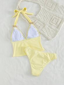 Bonvoyette Summer Vacation Cherry Print Spaghetti Strap Hollow Tie Waist Tankini Swimsuit 2 Pieces Set - Yellow - View 2