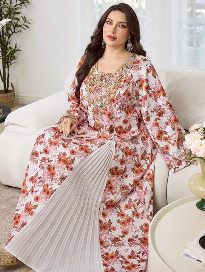 Al Najma 大码女式休闲拼接纯色褶皱长袖宽松连衣裙，春秋季