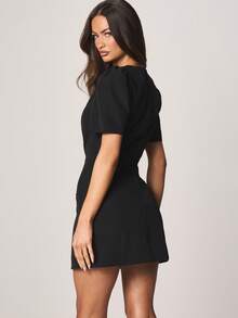 MISSGUIDED Puff Sleeve Structured A-Line Mini Dress Short Sleeve Crew Neck Bodycon Fit Winter Fall Holiday Party Evening - Black - View 2