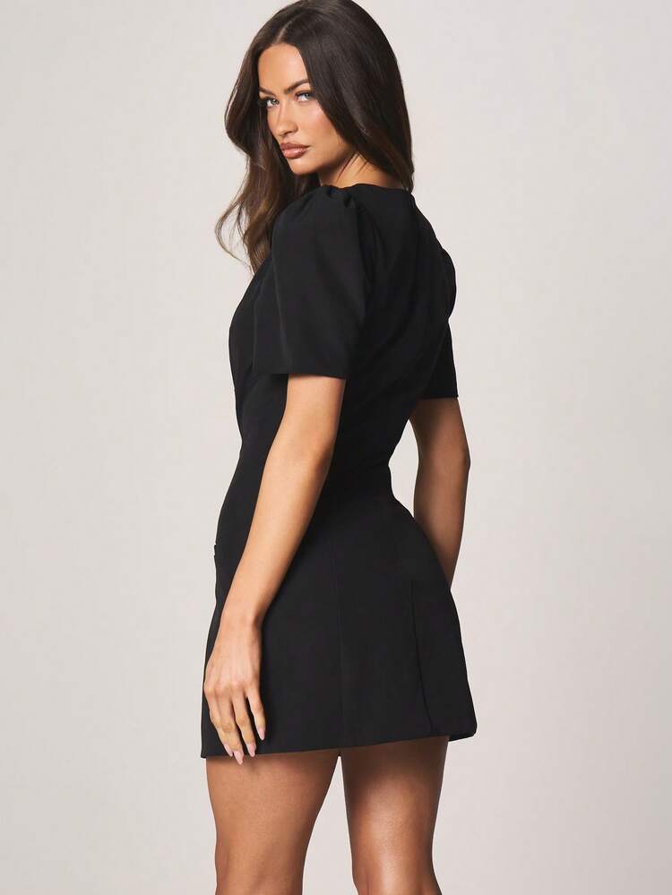 MISSGUIDED Puff Sleeve Structured A-Line Mini Dress Short Sleeve Crew Neck Bodycon Fit Winter Fall Holiday Party Evening