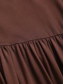 Sweetra Spring/Summer New Arrival Boat Neck Pleated Asymmetric Hem Top & Long Skirt Set, Fashionable Casual - Brown - View 7