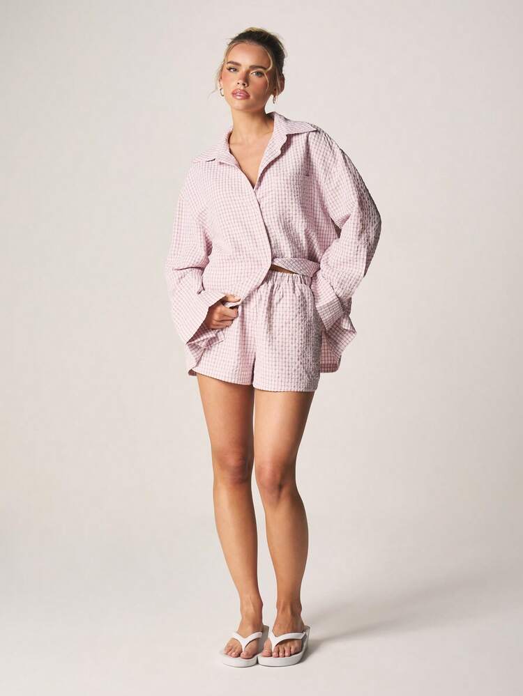 MISSGUIDED Checkered Grid Pattern High Rise Relaxed Fit Casual Summer Shorts With Elastic Waistband And Side Pockets For Vacation Beach Weekend Loungewear