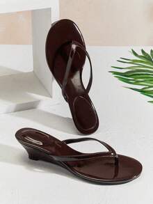 SHUZIA Women's Round Toe Thong Straps Wedge Slip-On Sandals - Chocolate Brown - View 1