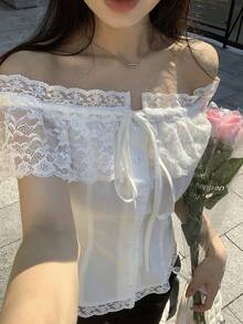 DAZY Áo kiểu nữ tay ngắn trễ vai phối ren, thích hợp mặc mùa xuân/hè. - trắng - Xem 1