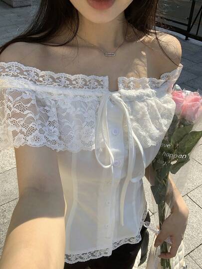 DAZY 蕾丝拼接露肩短袖休闲女式衬衫，春夏款