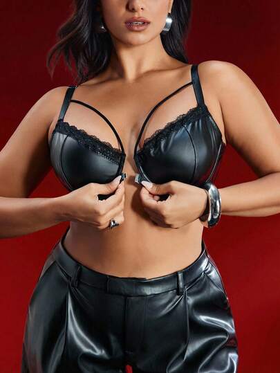 EmpressEnvy Plus Size Fashionable Sexy Lace Trim Bralette Black Leather Bra Push Up Bra Plus Size Black Leather Bra