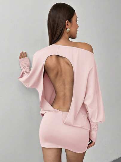 Aloruh Vestido mini asimétrico de hombros descubiertos y espalda descubierta, de punto elástico en color marrón café para mujer