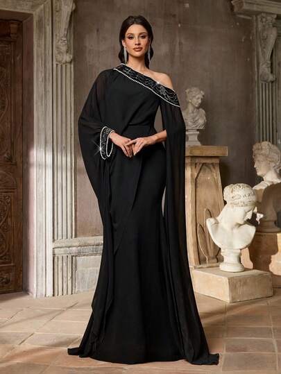 Aureia Elegant, Romantic, Fashionable, Dignified Black Chiffon Fabric Sequin Patchwork Sequins Decor Fishtail Hem Elegant Party Dress, Wedding Guest Dress, Black Formal Evening Gown