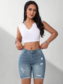 Flexra Women's Casual Versatile Everyday Denim Shorts With Pockets And Button Distressed Design - Light Wash - View 5
