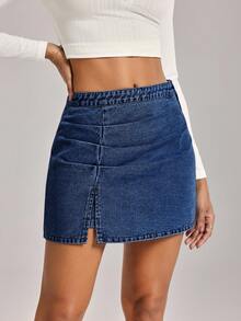 SHEIN Tall Women's Casual Pleated Slit Denim Mini Skirt, Summer - Medium Wash - View 3