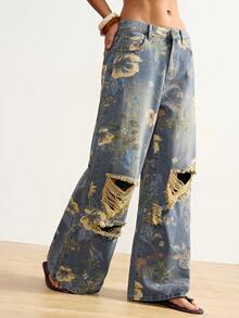 Bohemela Women's Vintage Distressed Print Loose Fit Jeans Women's Trousers Y2k Low Rise Jeans Summer Pants Printed Pants Distressed Jeans Summer Wide Leg Denim Painted Jeans Baggy Jeans With Designs Women Baggy Jean Patch Work Jeans Boho Chic Women's Clothing Women's Summer Outfits Bohemian Outfit For Women Women Vacation Outfit Sets Beach Outfit For Women Demin Outfit Women Fashion Women's Beach Outfits Yk2k Jeans - Multicolor - View 9