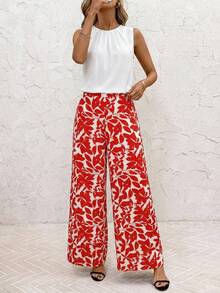 SHEIN Clasi 夏季优雅女士黑色翻领褶裥背心和弹力印花长裤两件套，适合各种场合穿着 - 紅白色 - 查看 6