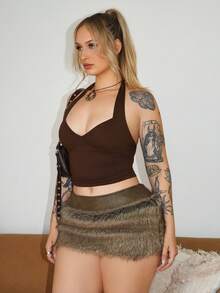 Arliah 女士纯色简约挂脖吊带背心，日常穿着 - 咖啡棕 - 查看 5