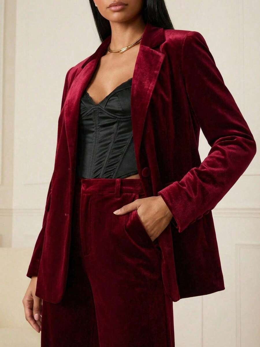 Lilora Women's Elegant Burgundy Color Blazer For Commuting, Old Money, 2000s Style, Chinese Style, Valentine's Day - Burgundy - View 1