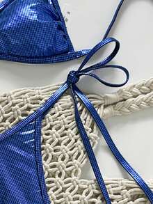 Swim SXY Set de 2 piezas Bikini con parte superior tipo halter y bandeau con textura metálica y Bottom con lazos laterales, conjunto de traje de baño sexy para mujer, primavera/verano - Azul - Ver 4