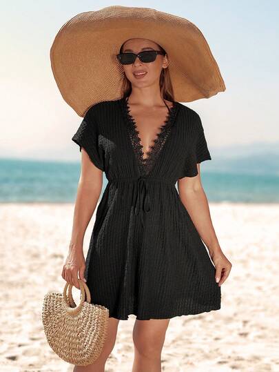 Swim Lushoire Women's Summer Beach V-Neck Bohemian Lace Trim Batwing Sleeve Solid Textured Elastic Waist Tie Elegant Casual Vacation Coverup Dress