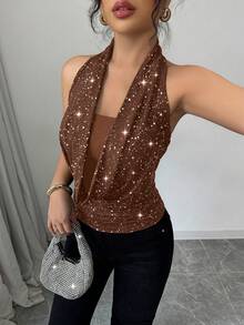 Selianne Women's Elegant Shiny Halter Backless Camisole Top, Summer - Coffee Brown - View 3