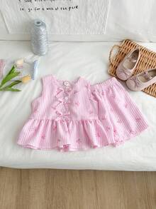 Genkimix Kids Conjunto de 2 piezas de top sin mangas con volantes y lazos a cuadros, y shorts para niña, para verano - Rosa - Ver 6