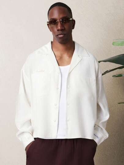 SUMWON リネン調 リゾートシャツ ボックスフィット 長袖 スプレッドカラー フロントポケット付き カジュアル 夏 春 バケーション