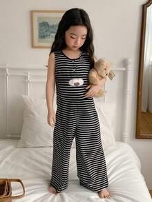 DAZY 女童条纹印花圆领休闲无袖连体裤家居服 - 黑與白 - 查看 1