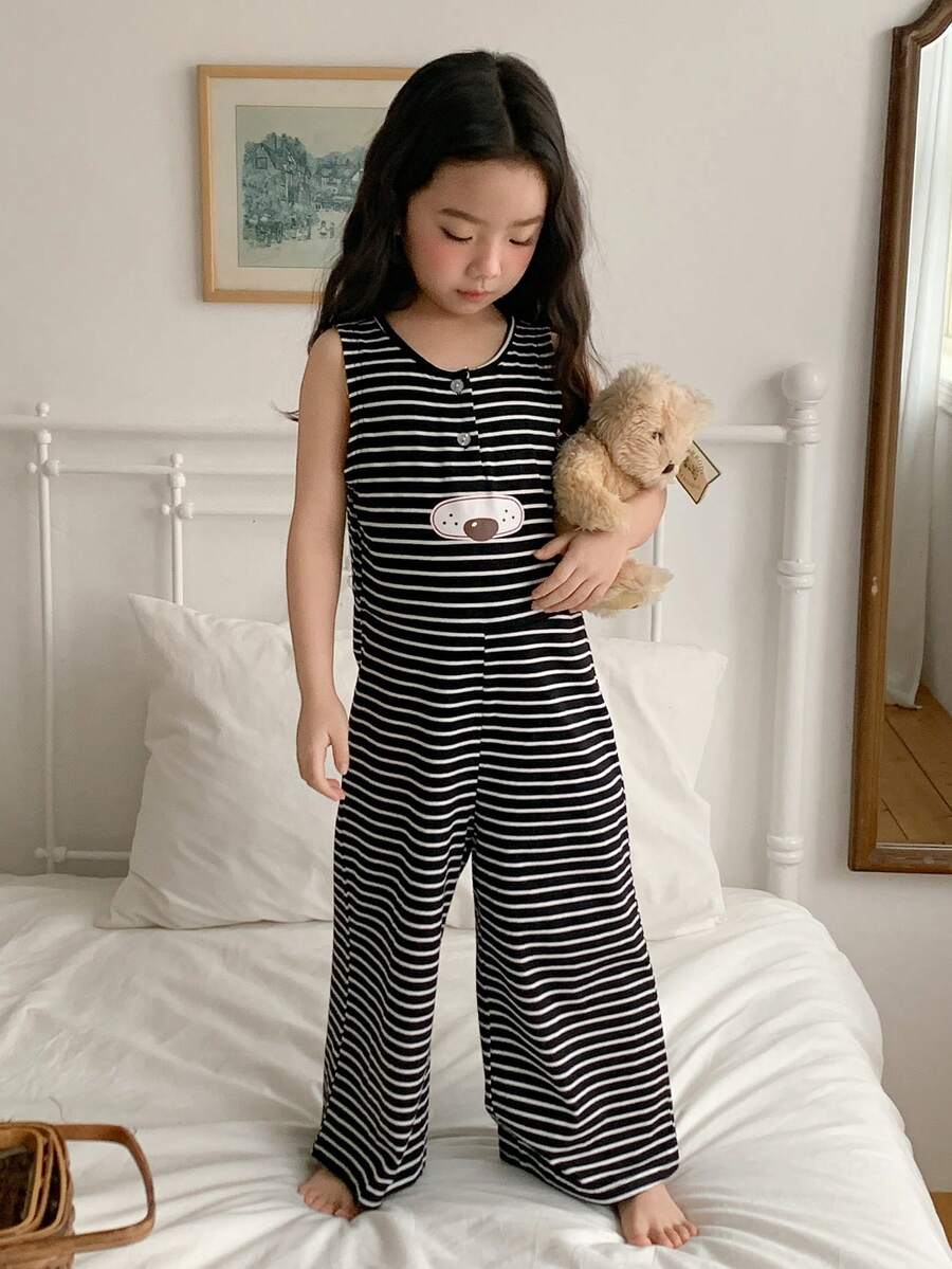 DAZY 女童条纹印花圆领休闲无袖连体裤家居服 - 黑與白 - 查看 1