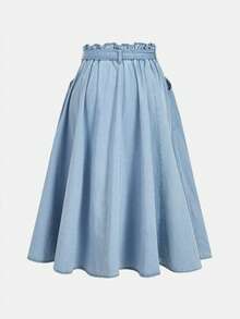 SHEIN MOD 大码纯色腰带斜插口袋休闲百搭牛仔迷你裙 - 淺色水洗藍 - 查看 2