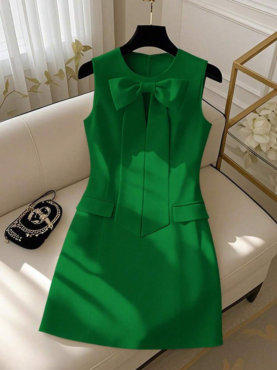 GlowEve Women's White Round Neck Cinching Waist Bow Sleeveless Elegant Mini Dress - Green - View 1