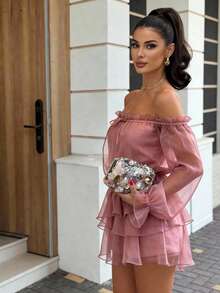 Firerie 女式纯色荷叶边露肩网眼长袖优雅迷你时尚连衣裙 - 珊瑚粉 - 查看 8