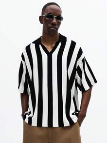 SUMWON Vertical Striped V-Neck Short Sleeve Ribbed Knit Polo Top Summer Casual Streetwear Fashion - Black and White - View 1