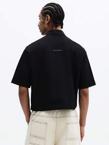 SUMWON Men's Cropped Button Front Shirt With Detachable Tie And Dual Chest Pockets Short Sleeve Collared Top - Black - View 2