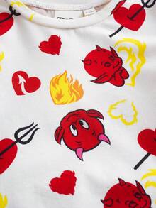 SHEIN HOT STUFF Baby Boy Cute Cartoon Print Round Neck Short Sleeve T-Shirt And Shorts Pajama Set, Summer - Red and White - View 4