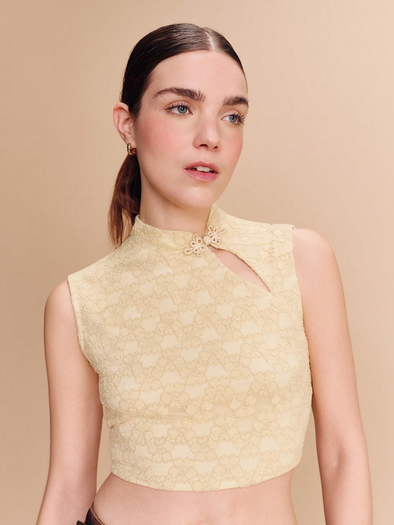 Lace Cropped High-Neck Top With Frog Closure Lunar New Year Outfits Going Out Spring Summer Butter Yellow Cute Top Elegant Top