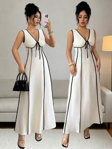 Elenzga Chaleco elegante de mujer para ir al trabajo, con cuello en V, lazo y recorte negro ajustado, adecuado para bodas, festivales, salidas diarias, casual, vestido de primavera/verano - Multicolor - Ver 8